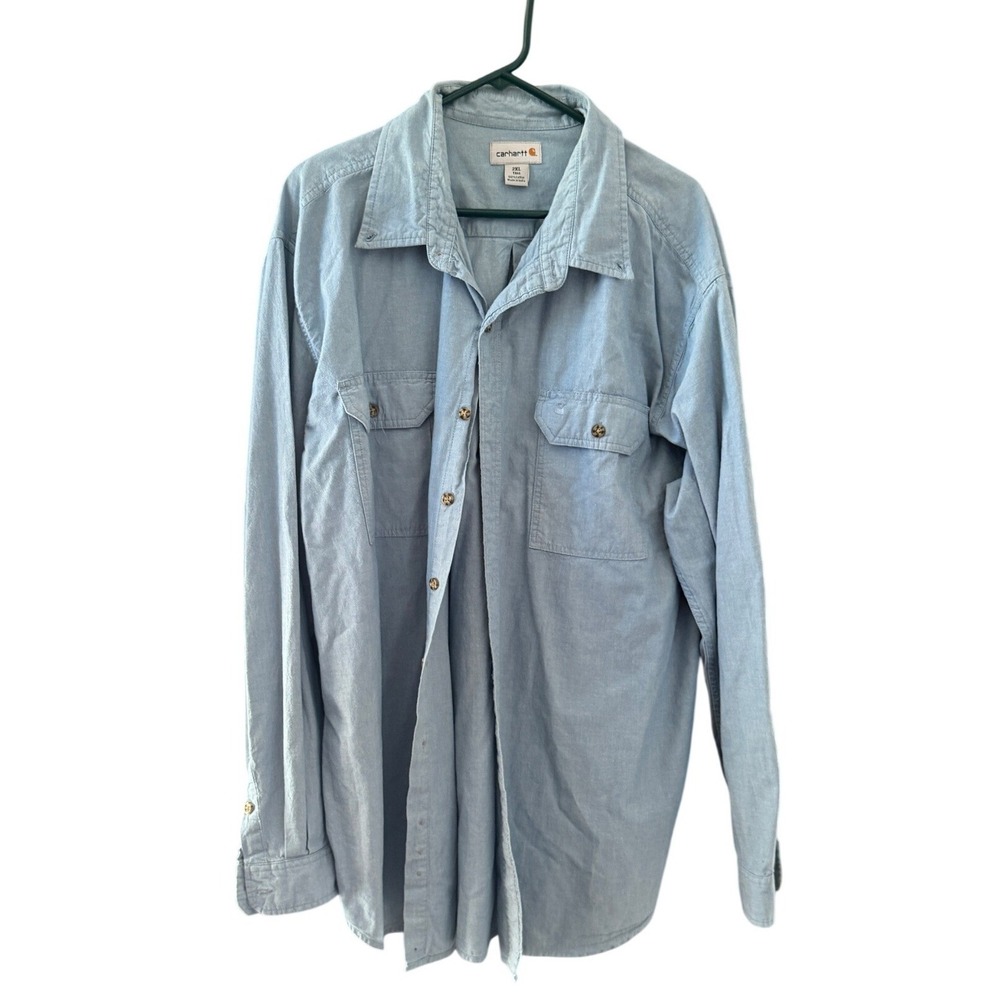 Carhartt‎ Mens 2XL Tall Light Blue Cotton Chambray Long Sleeve Button Work Shirt